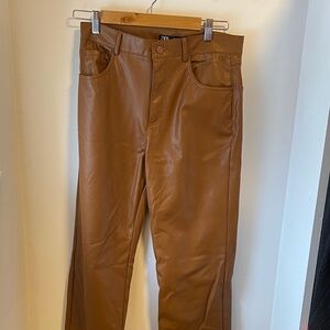 Zara Cognac Faux-Leather Straight-Leg Pants